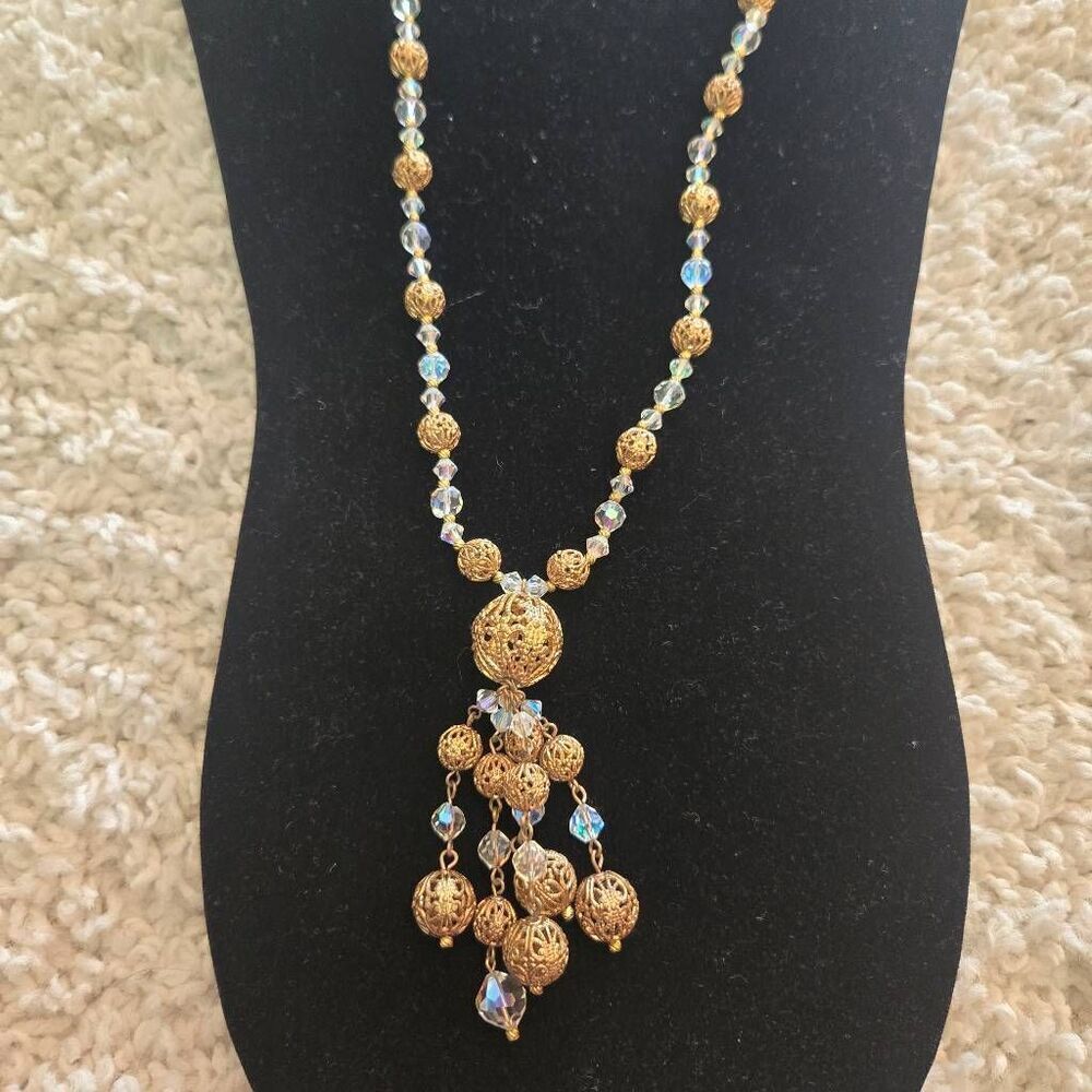 Vintage Ornate Tassle Necklace Gold Bead + Faceted Glass Bead Tassle